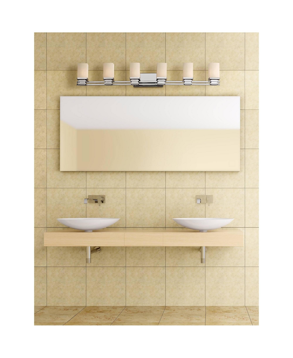 Bennett Modern Wall Light ChromeHardwired Wide 6-Light Fixture Etched White Opal Glass Rectangular Shade for Bathroom Vanity Mirror Hous