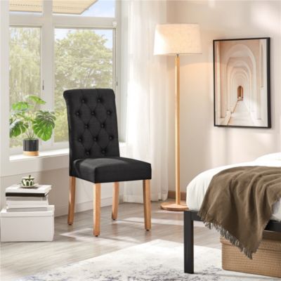 2PCS High Black Classic Fabric Upholstered PU Leather Dining Chair