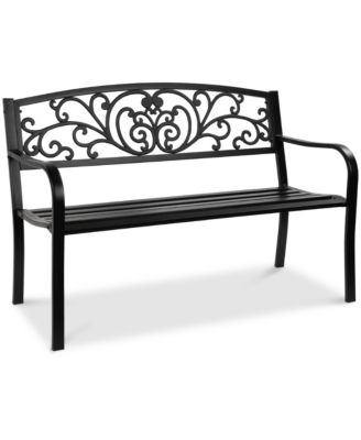 Outdoor Steel Bench Garden Patio Porch Furniture w/ Floral Design Backrest