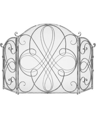 3-Panel 55x33in Wrought Iron Fireplace Safety Screen Decorative Scroll Spark Guard Cover