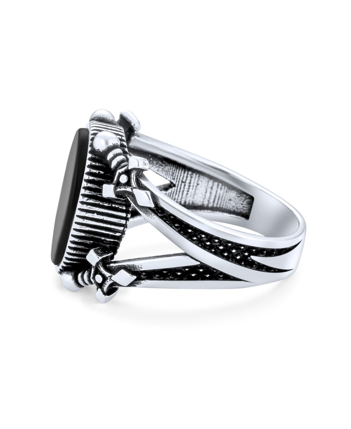 Bling Jewelry Unisex Urban Biker Large Statement Oval Flat Natural Black Onyx Signet Double Sword Ring For Men Oxidized .925 Sterling Silver - Silver
