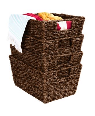 Set of 4 Multipurpose Stackable Seagrass Storage Laundry Organizer Baskets with Handles