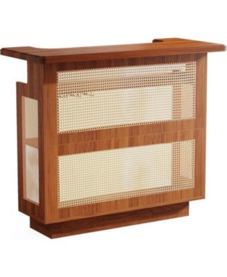 Rattan Home Bar Unit, Farmhouse 4-Tier Bar Table with 4 Stemware Racks and Heightened Base, Caramel Brown