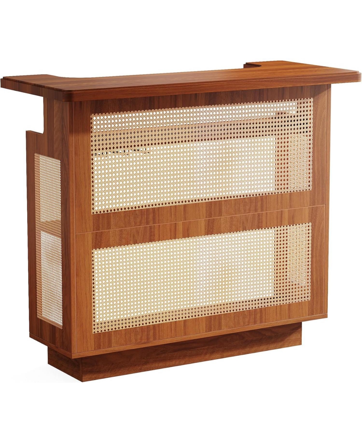 Tribesigns Rattan Home Bar Unit, Farmhouse 4-Tier Bar Table with 4 Stemware Racks and Heightened Base,- Caramel brown