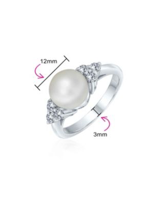 Bridal Party CZ Halo Side Stones White Solitaire Freshwater Cultured Pearl Engagement Cocktail Ring For Women .925 Sterling Silver
