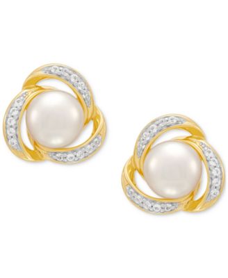 2-Pc. Set Cultured Freshwater Button Pearl (7 & 8mm) & Lab Created White Sapphire (3/8 ct. t.w.) Love Knot Pendant Necklace & Matching Stud Earrings in 14k Gold-Plated Sterling Silver