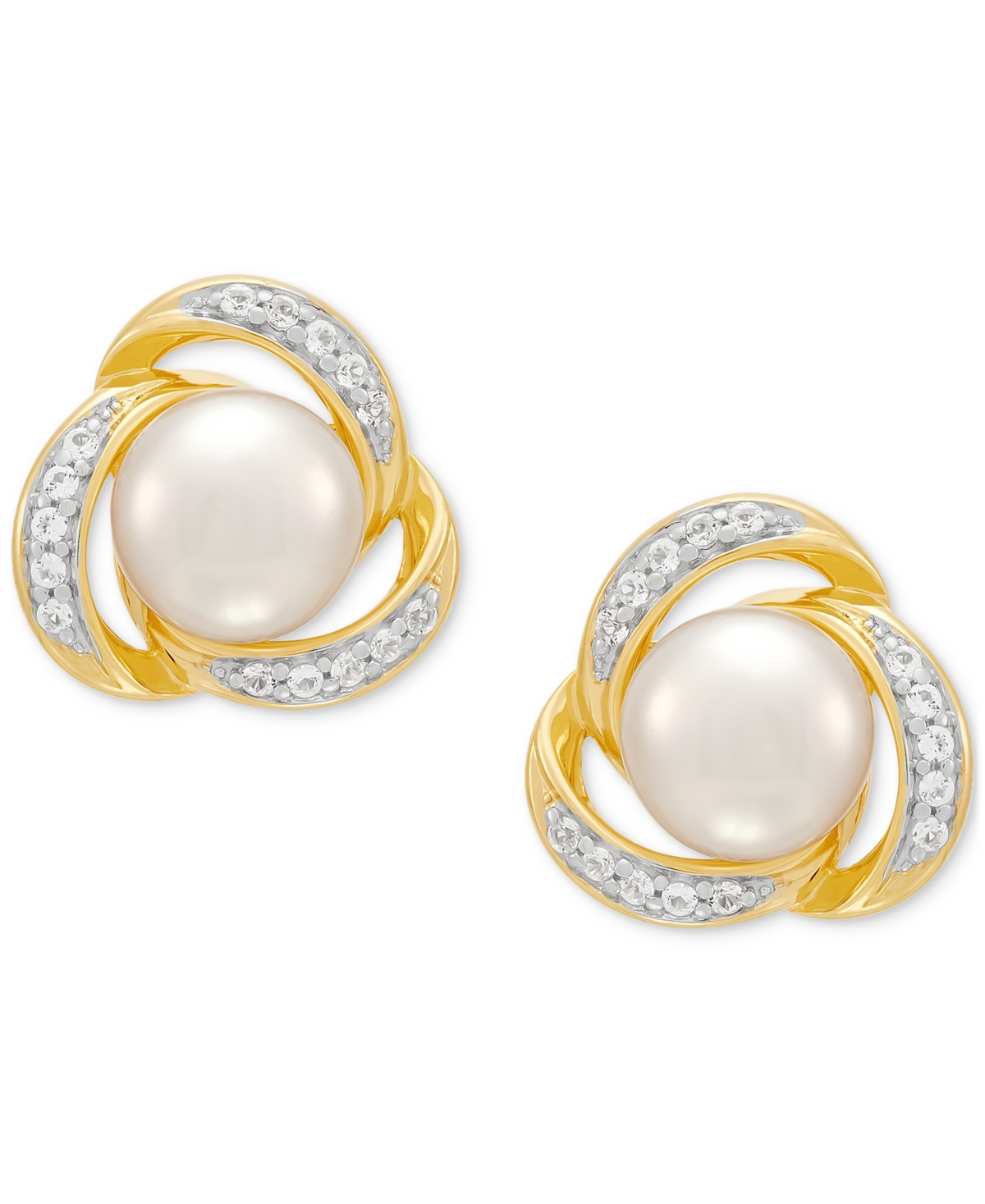 2-Pc. Set Cultured Freshwater Button Pearl (7 & 8mm) & Lab Created White Sapphire (3/8 ct. t.w.) Love Knot Pendant Necklace & Matching Stud Earrings i