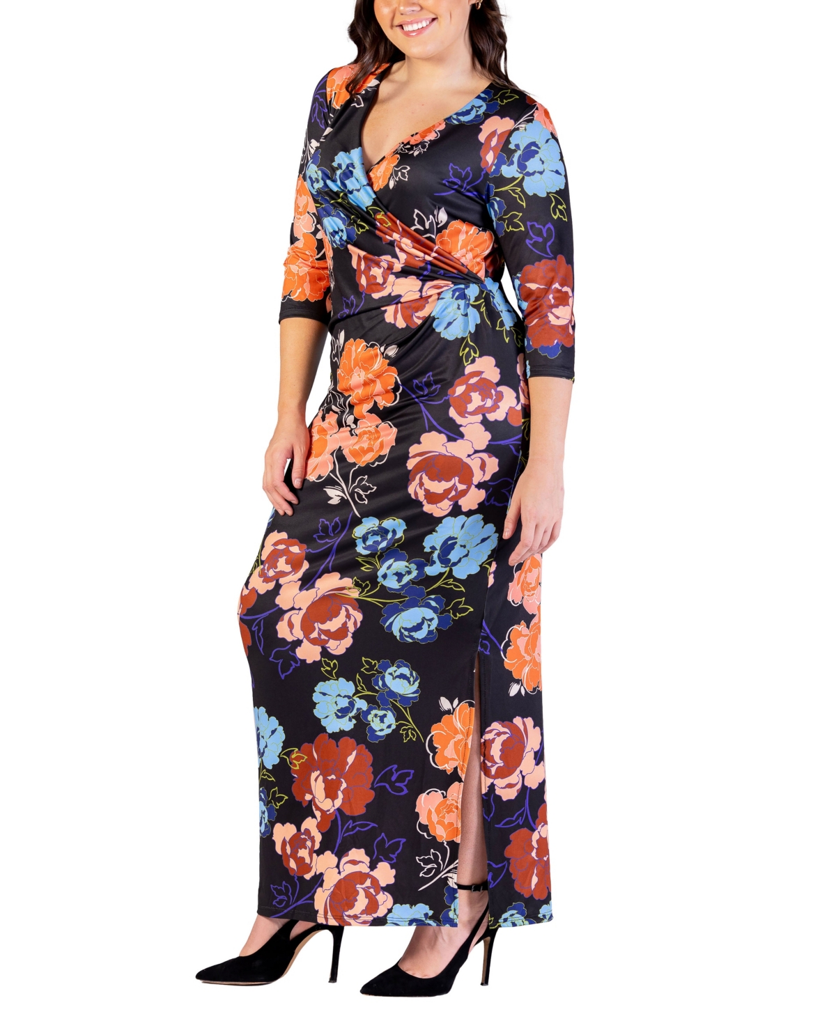 24seven Comfort Apparel Plus Size Printed Maxi Dress In Navy Multi
