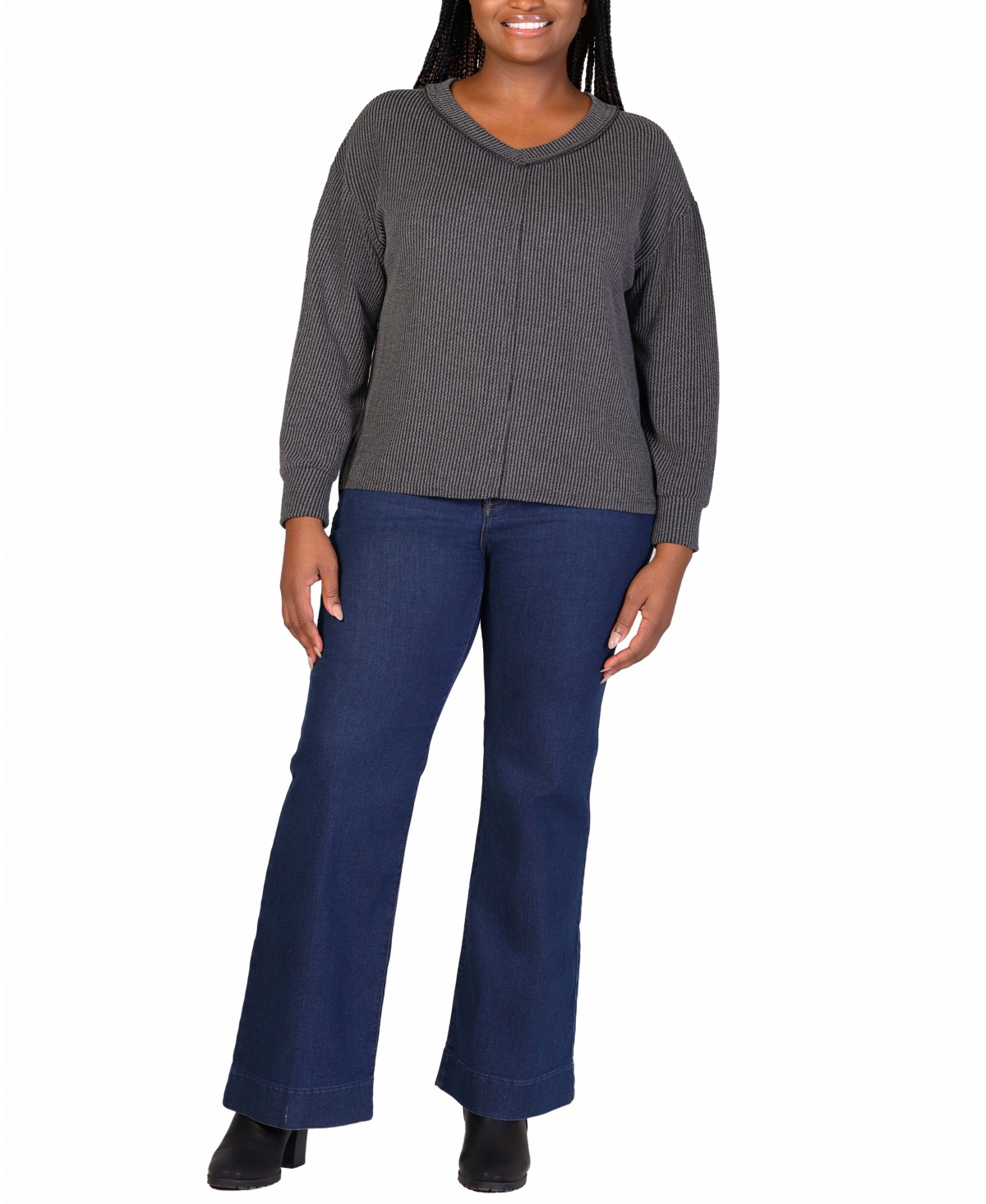 Shop 24seven Comfort Apparel Plus Size Fit Ribbed Knit V-neck Top In Black
