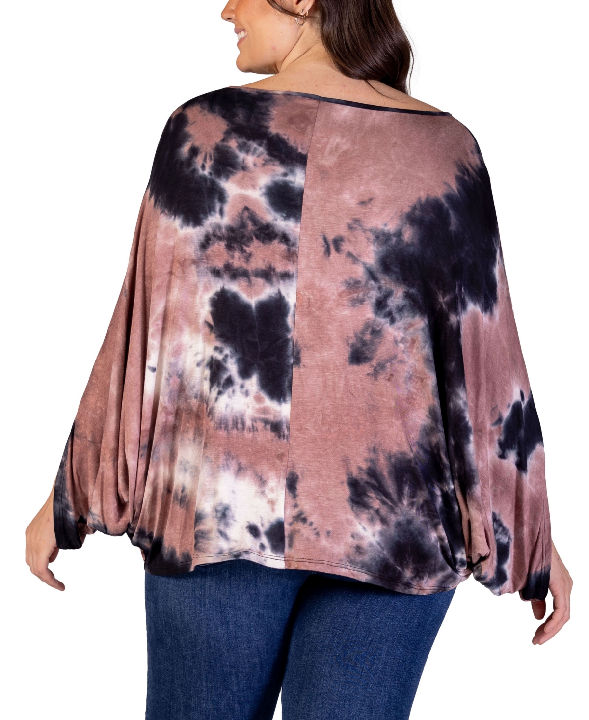 Shop 24seven Comfort Apparel Plus Size Tie Dye Batwing Sleeve Relax Fit Top In Mocha Multi