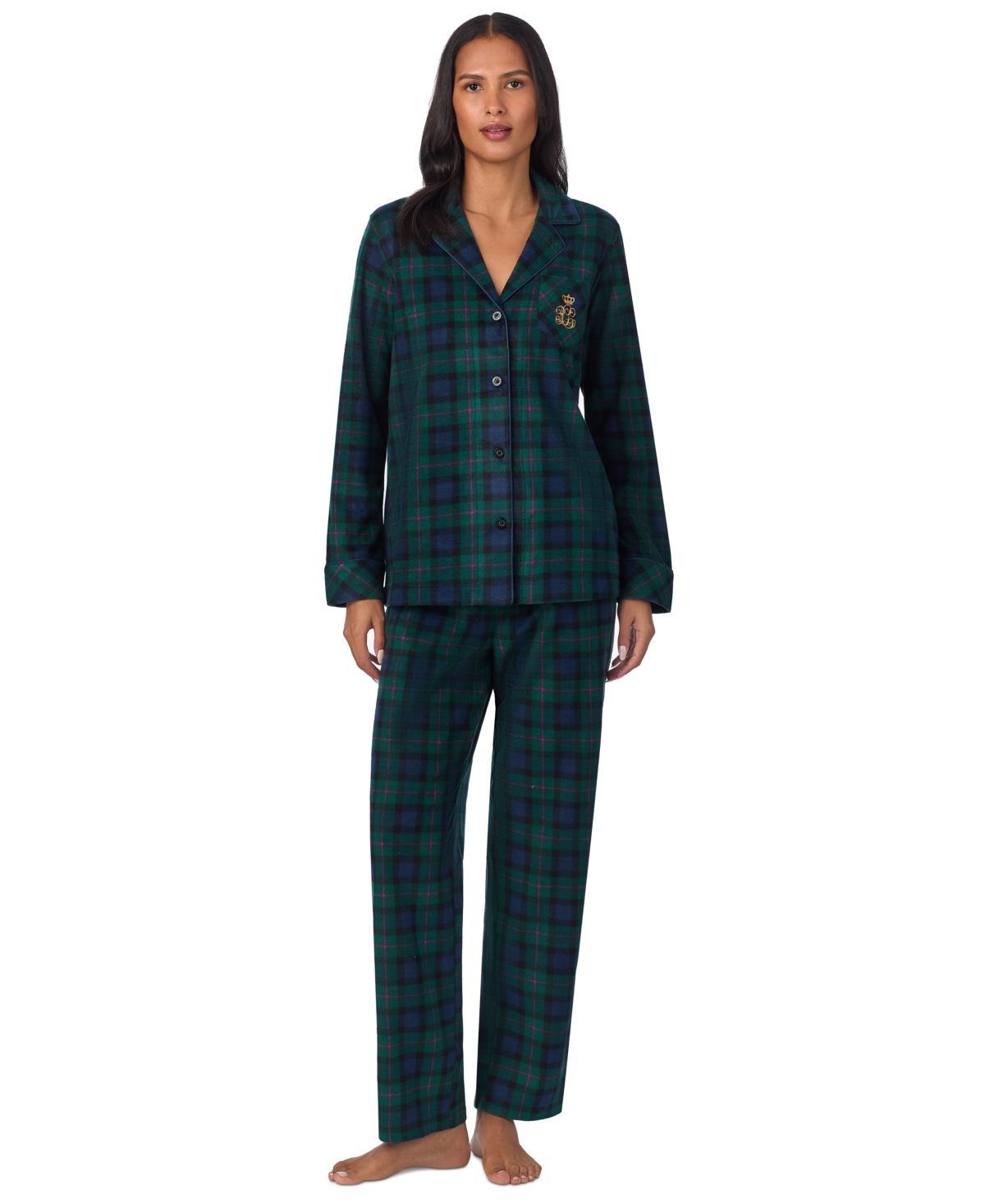 Women's Printed Notched-Collar Pajama Set - Green Plaid