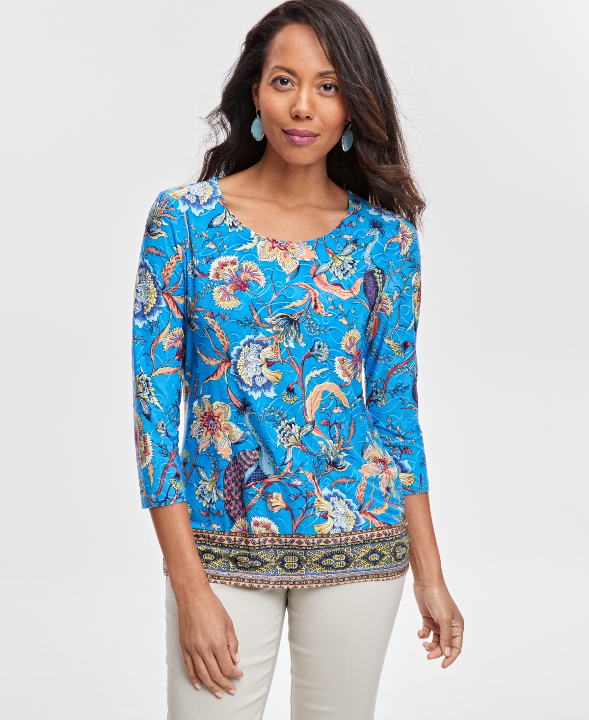 JM COLLECTION WOMEN'S PRINTED JACQUARD SCOOP-NECK TOP, CREATED FOR MACY'S 