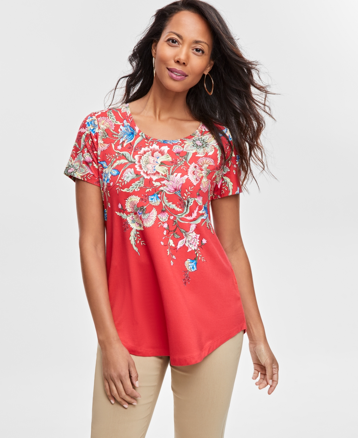 Jm Collection Plus Size Mariah Floral-print Top, Created For Macy's In Tomato Puree Combo
