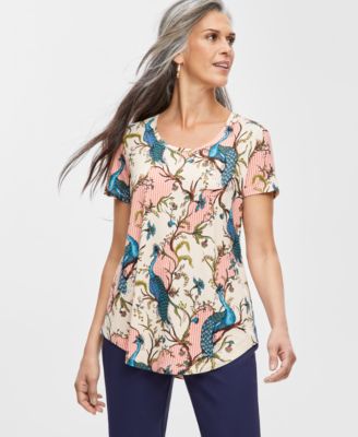 JM Collection - Petite Peacock-Print Short-Sleeve Top