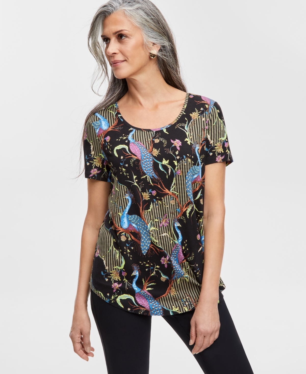 Shop Jm Collection Women's Printed T-shirt, Created For Macy's In Deep Black Combo