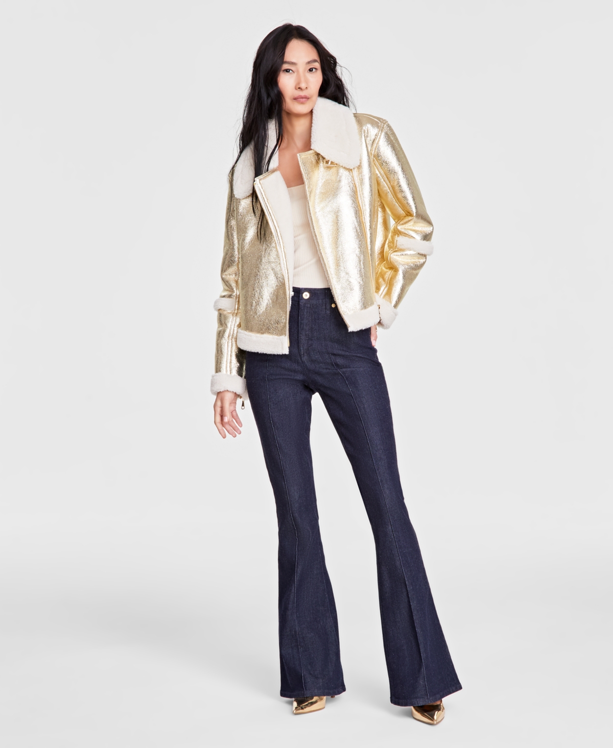 I.n.c. International Concepts Women's Cropped Metallic Aviator Jacket, Created for Macy's