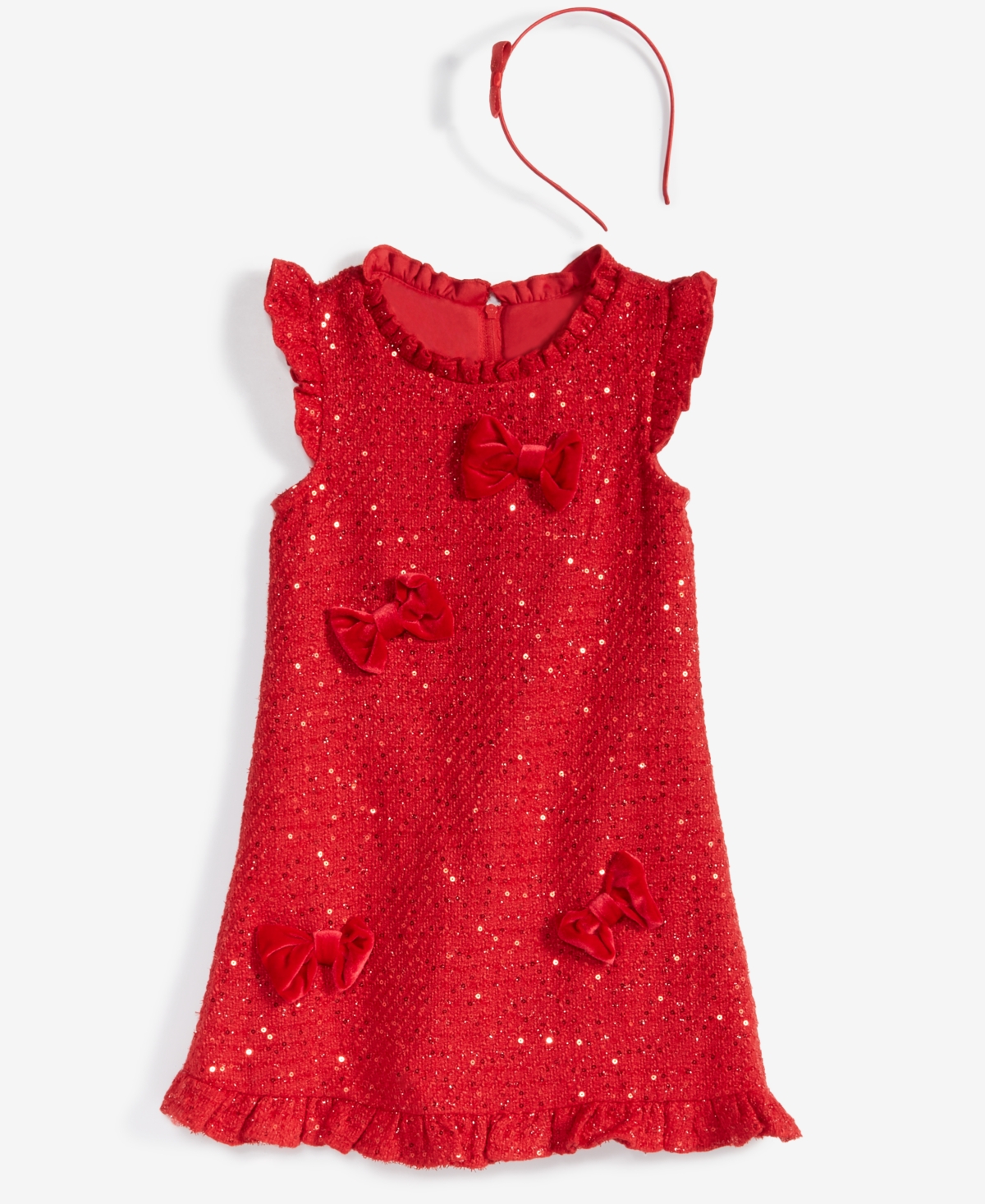 Rare Editions Little Girls Sequin Tweed Dress Social Dress with Headband, 2 Piece