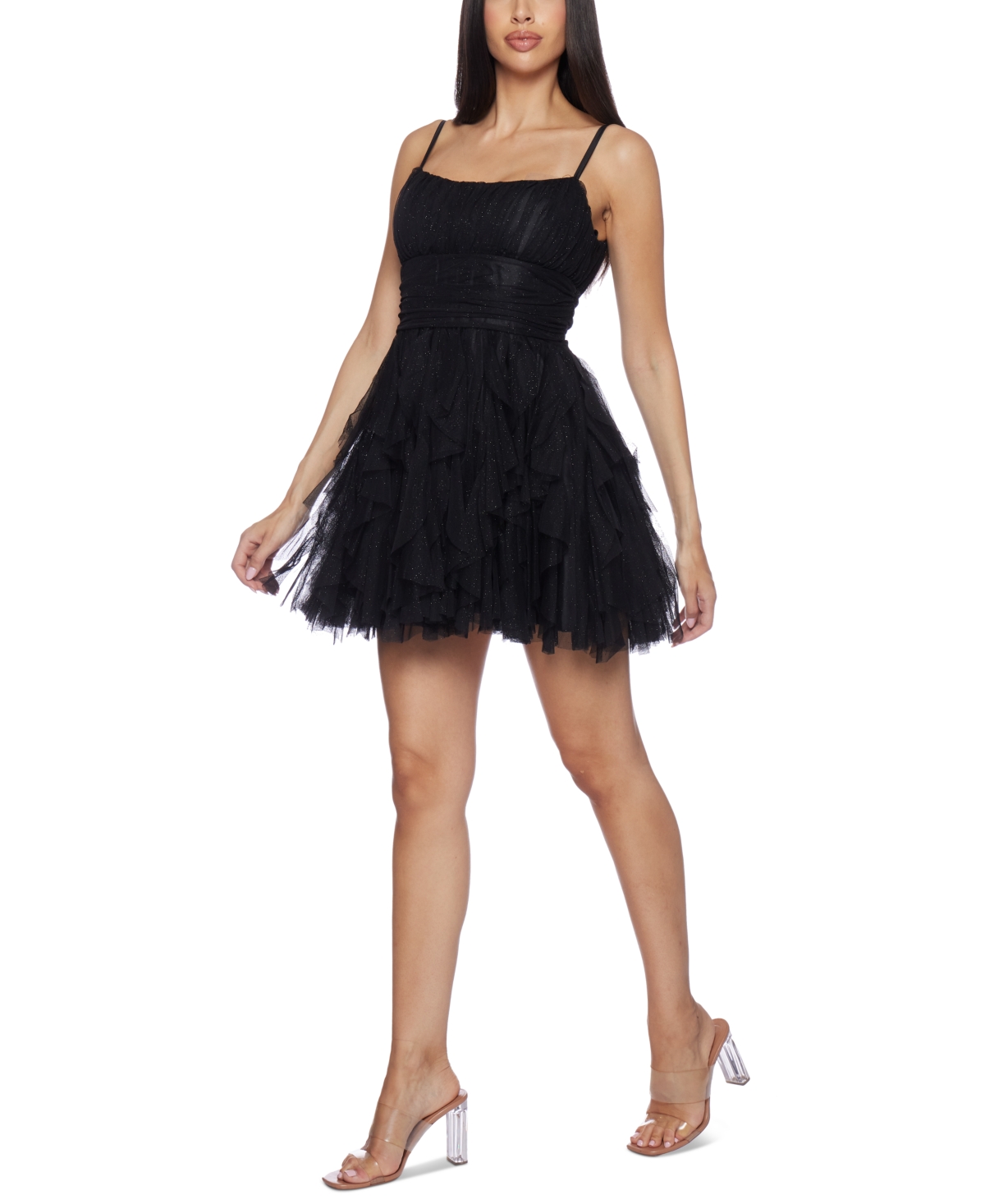 B Darlin Juniors' Scoop-Neck Fit & Flare Mini Glitter Dress -blk