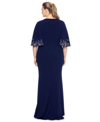 Betsy & Adam Plus Size Embellished Cape-Sleeve Gown