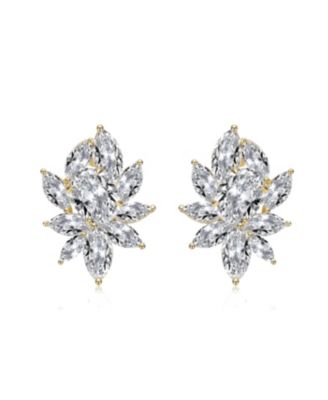 Sterling Silver with Clear Cubic Zirconia Corsage Flower Cluster Stud Earrings in White Gold Plated and 14k Gold plated
