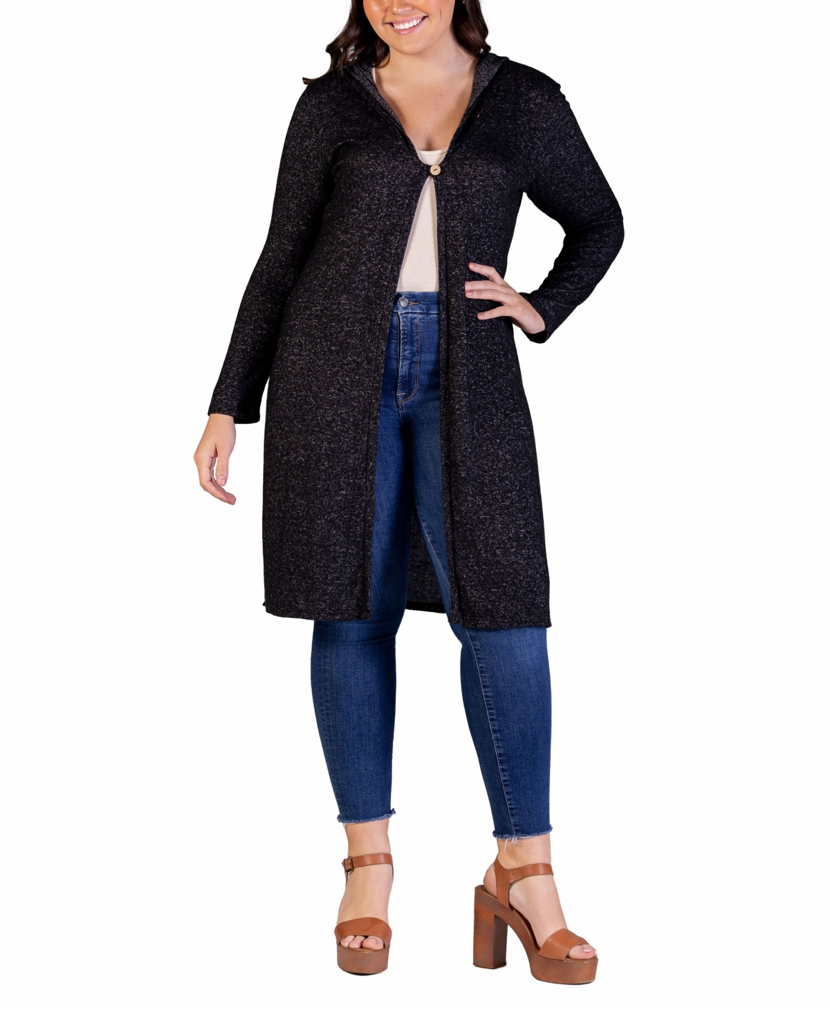 Plus Size Knee Length Hooded Cardigan Sweater - Black
