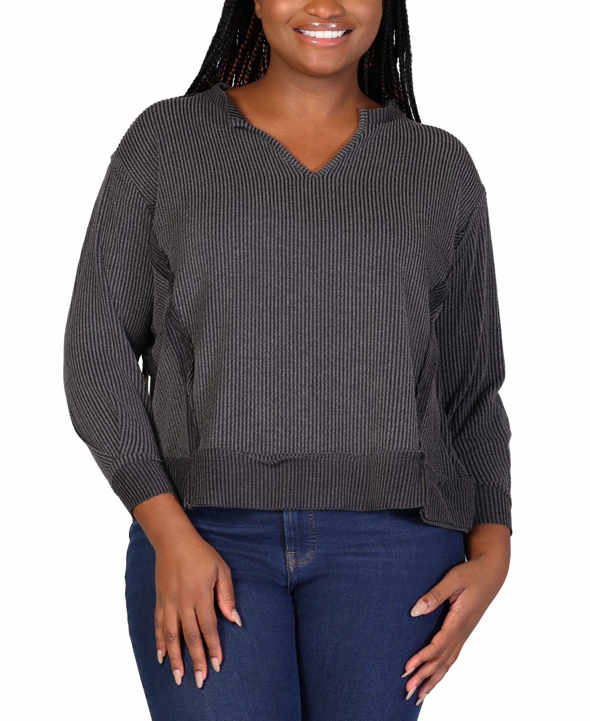 Shop 24seven Comfort Apparel Plus Size Relaxed Fit Rib Knit V-neck Top In Black