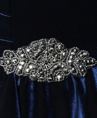 Petite Velvet Rhinestone-Brooch Cocktail Dress