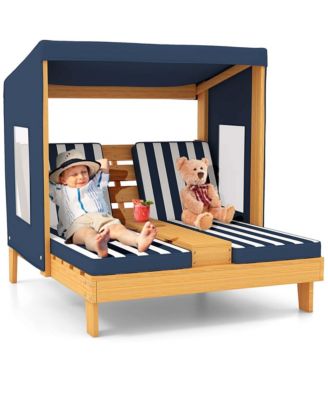 Kids Double Chaise Lounge Patio Lounge Chair with Cup Holders & Awning