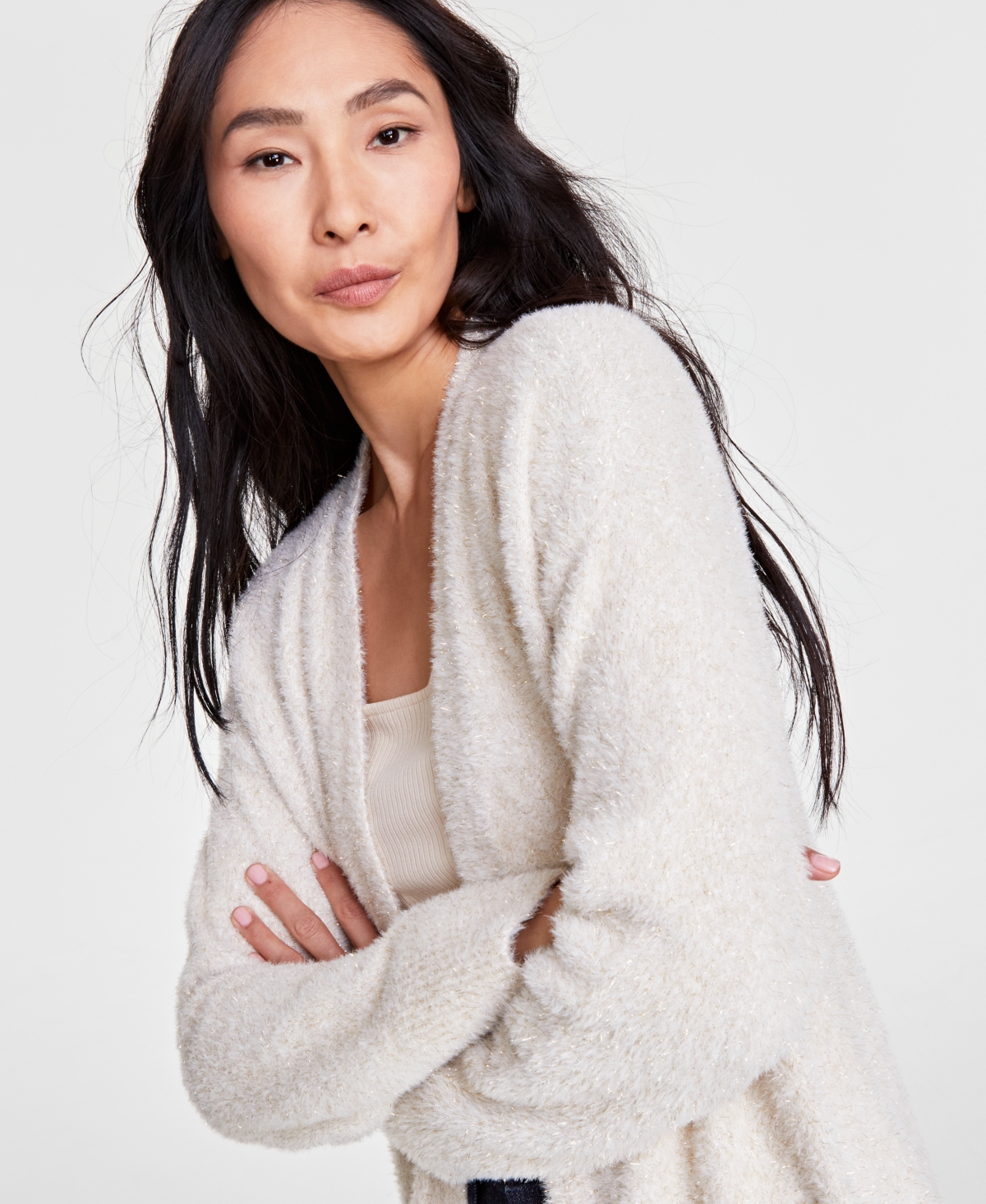 INC INTERNATIONAL CONCEPTS WOMEN'S METALLIC-EYELASH CARDIGAN, CREATED FOR MACY'S 