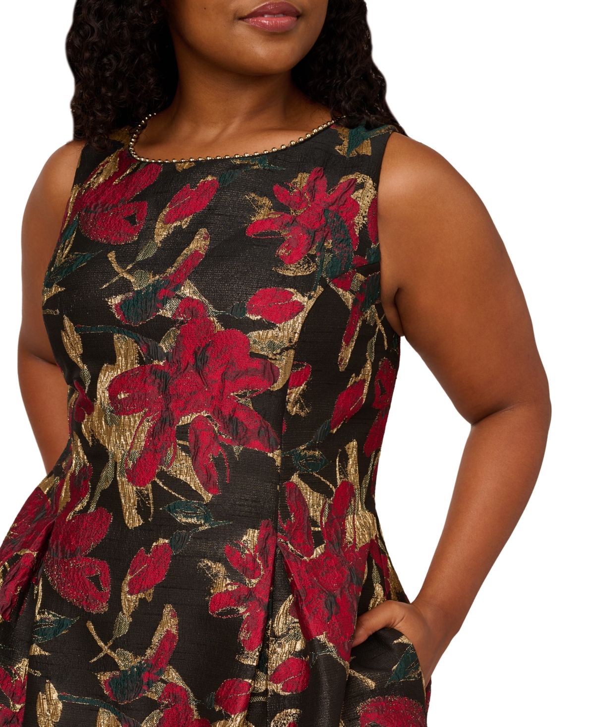Adrianna Papell Plus Size Floral Jacquard Sleeveless Fit & Flare Dress -Red