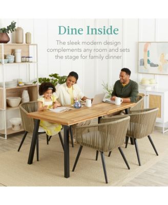 6-Person Indoor Outdoor Patio Rustic Acacia Wood Picnic Dining Table w/ Metal Legs