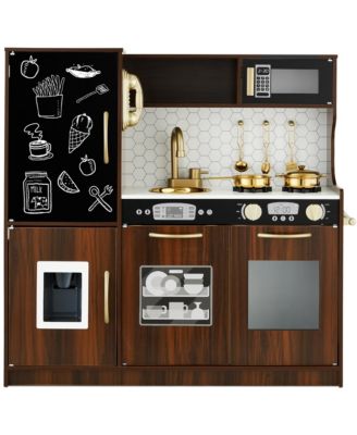 Pretend Play Kitchen Wooden Toy Set for Kids w/ Telephone, Utensils, Oven, Microwave