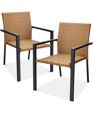 Set of 2 Wicker Chairs, Stackable Outdoor Dining Furniture w/ Armrests