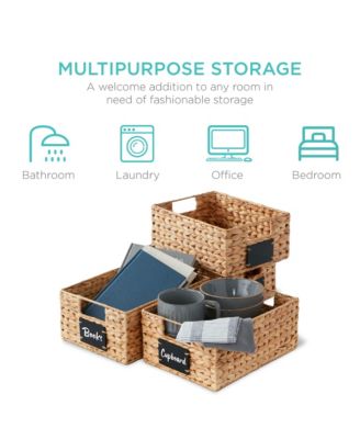 Set of 4 12in Woven Water Hyacinth Pantry Baskets w/ Chalkboard Label, Chalk Marker