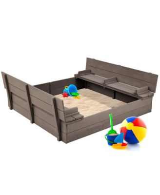 47x47-Inch Kids Wooden Outdoor Sandbox w/ 2 Foldable Bench Seats, Sand Protection, Liner