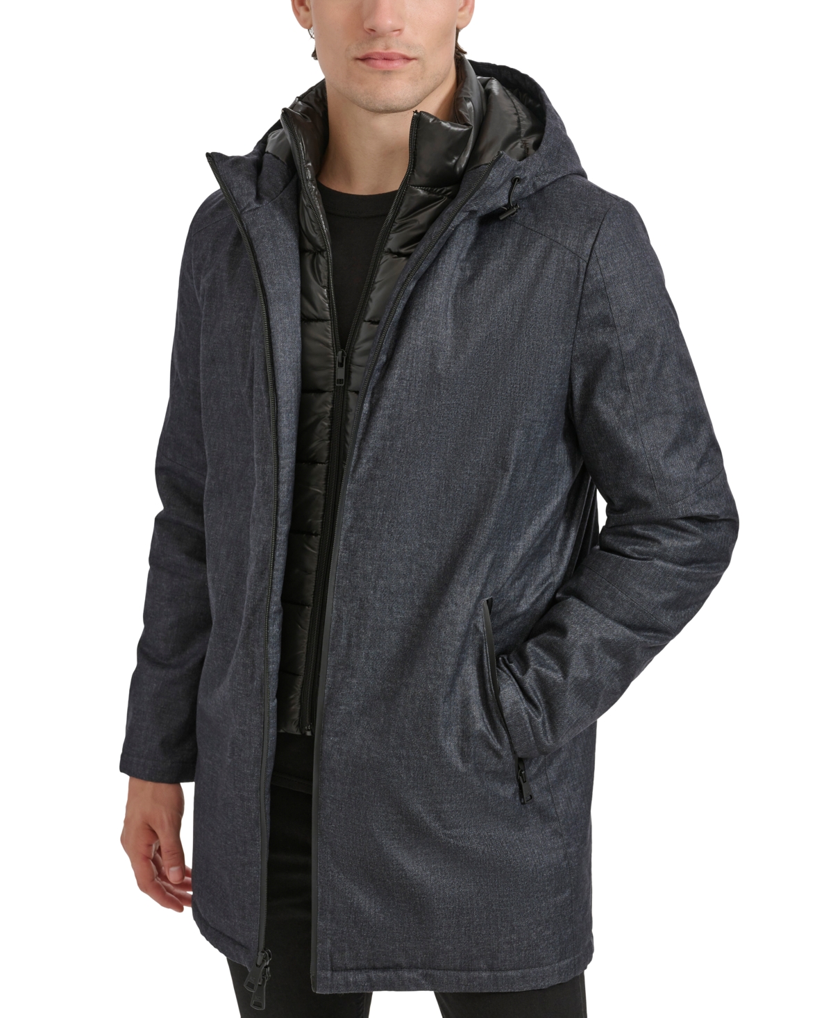 Kenneth Cole Men's Water-Resistant Hooded Stadium Coat with Removable Puffer Bib