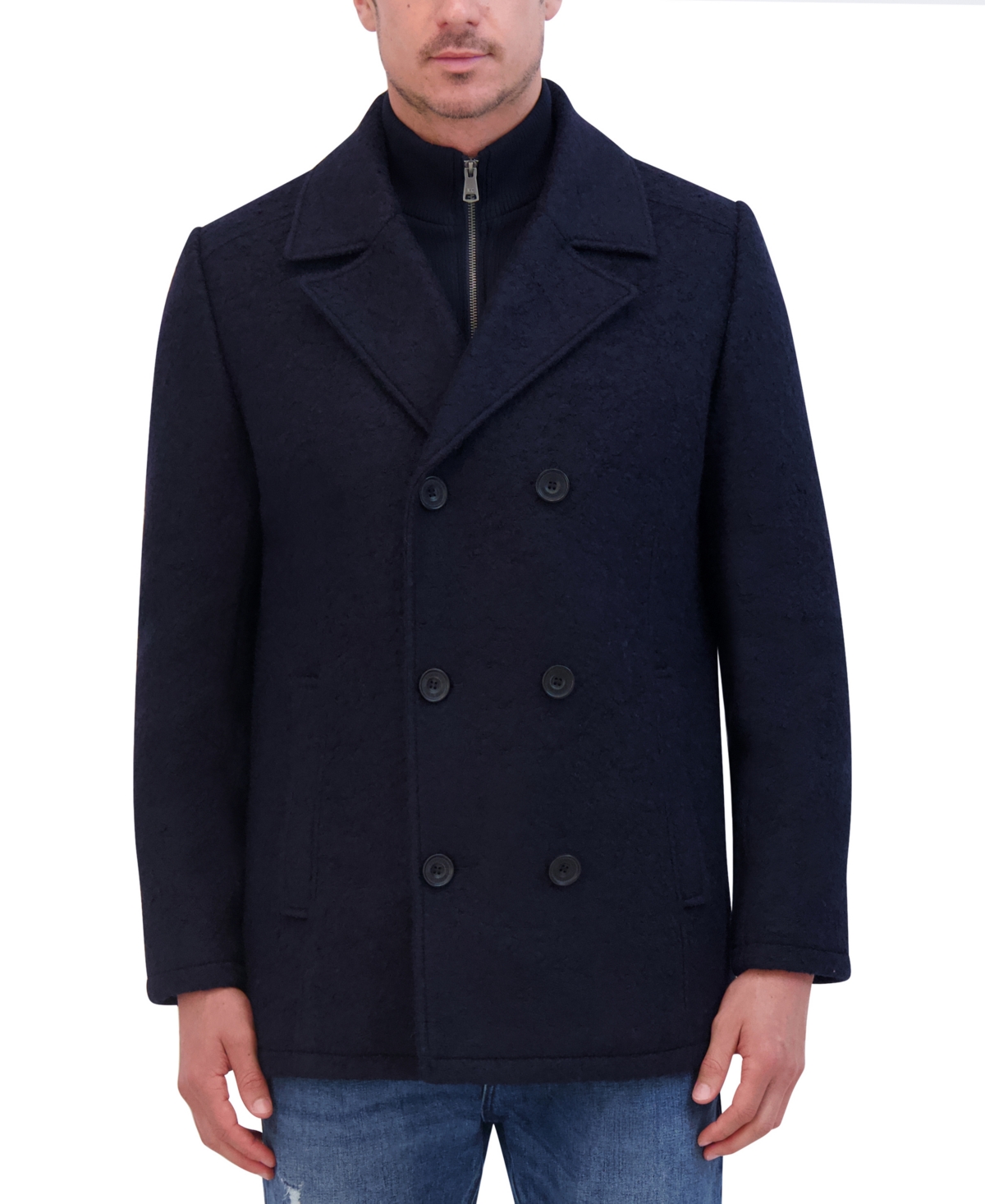 Kenneth Cole Men's Double Breasted Wool Blend Peacoat In Navy