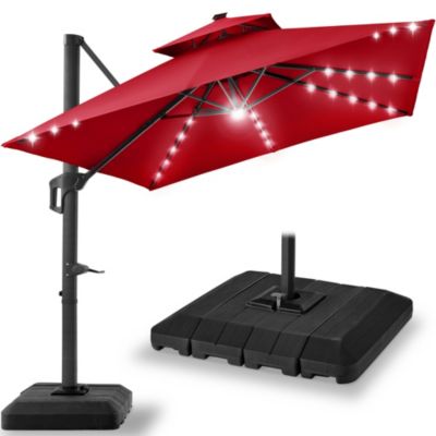 10x10ft 2-Tier Square Outdoor Solar LED Cantilever Patio Umbrella w/ Base Included