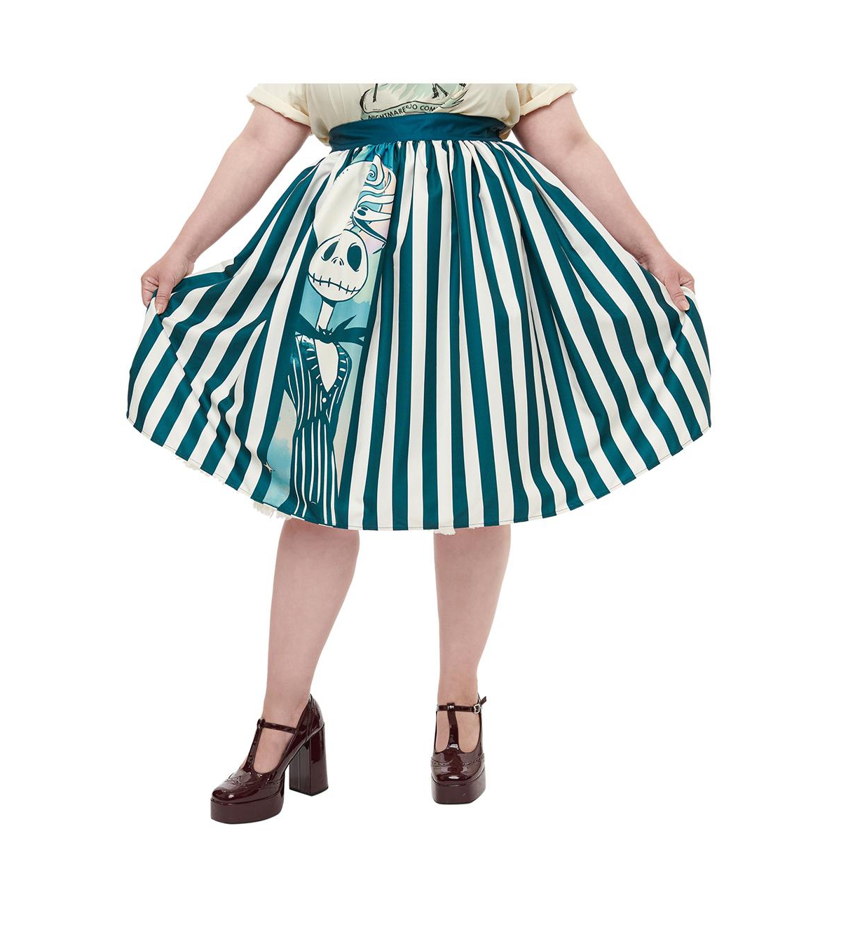 Unique Vintage Plus Size Printed Woven Gellar Swing Skirt -white stripes