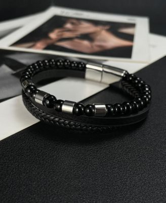 Black Leather Beaded Stainless Steel Bracelet