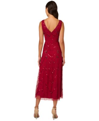 Women's Beaded V-Neck Sleeveless Mesh Dress