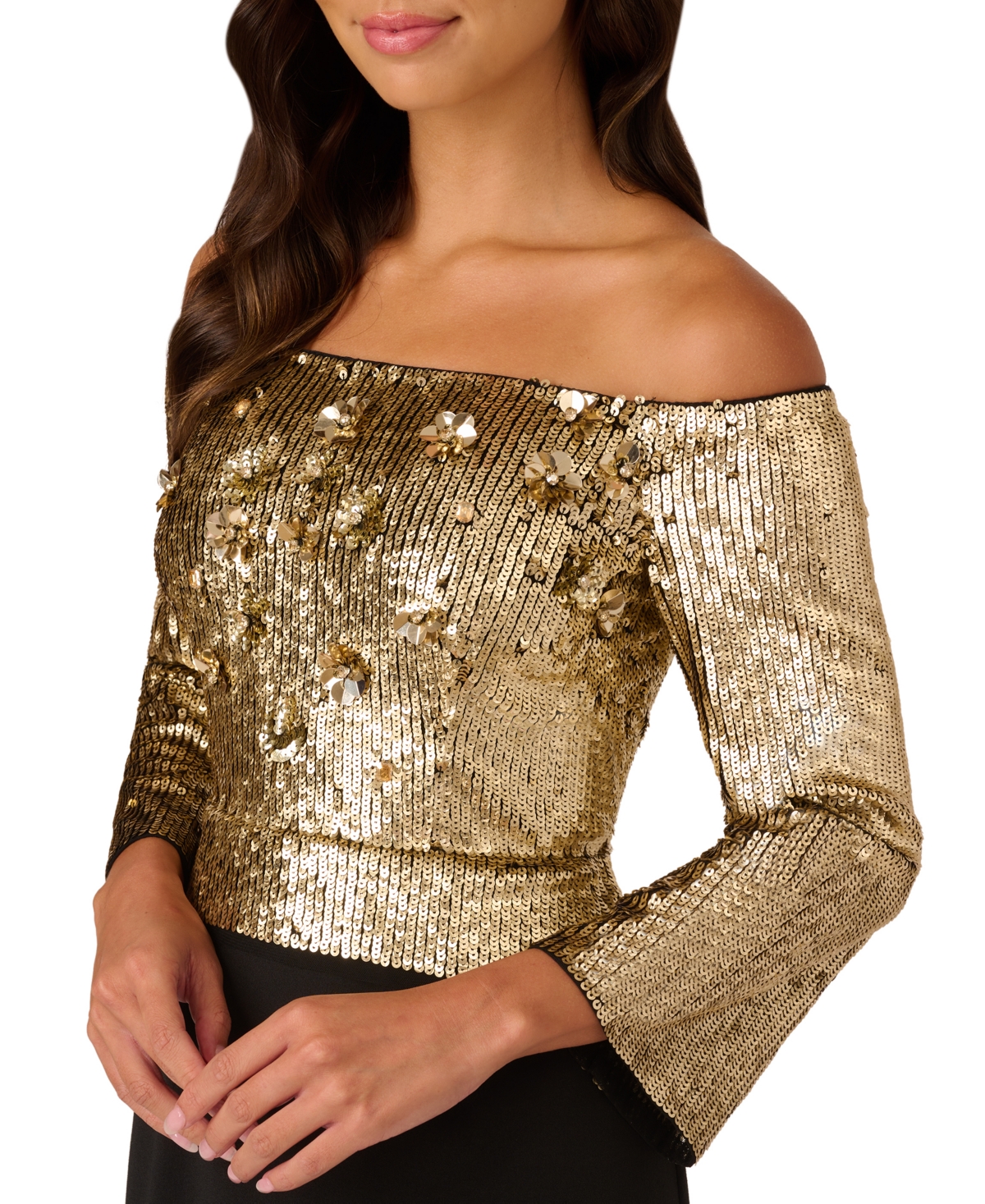 Adrianna Papell Women's Off-The-Shoulder Long-Sleeve Sheath Gown -Gold