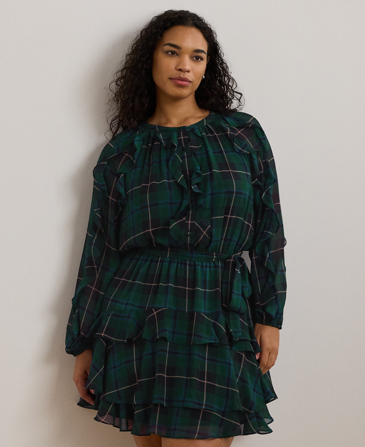 Lauren Ralph Lauren Plus Size Ruffled Plaid Fit & Flare Dress