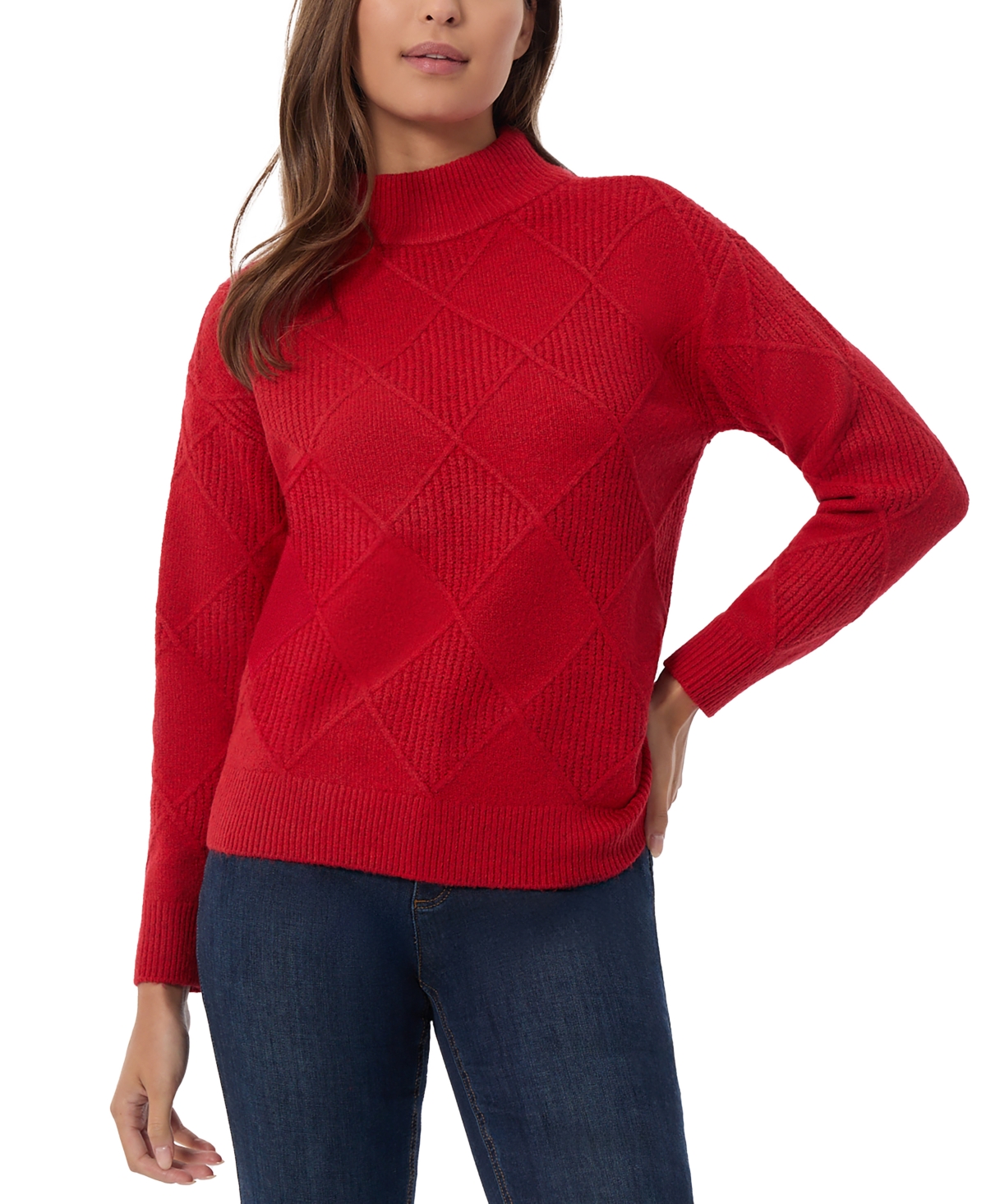Jones New York Women's Diamond-stitch Mock-neck Sweater In Deep Rouge