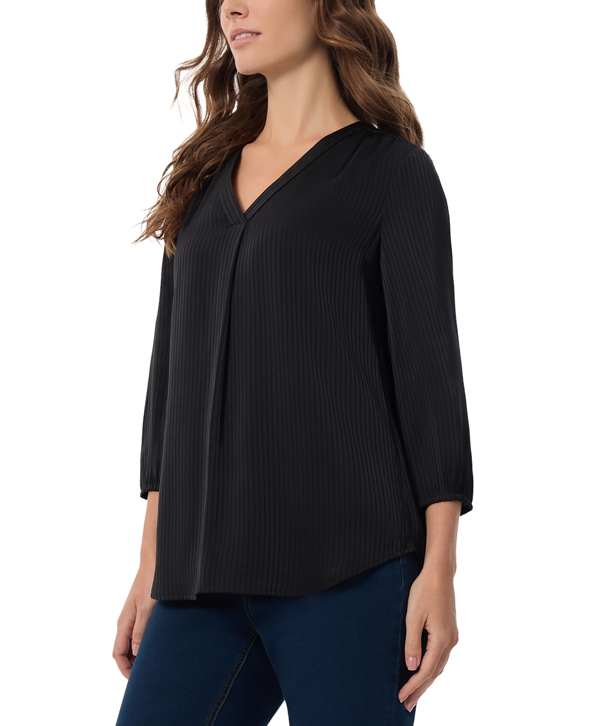 Jones New York Women's Pleated V-Neck 3/4-Sleeve Top