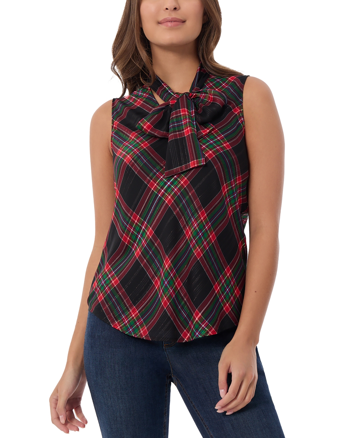 Jones New York Petite Plaid-print Bow-tie Sleeveless Top In Deep Rouge