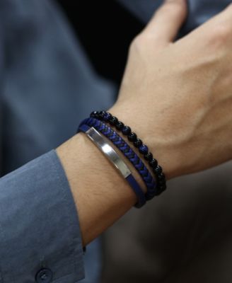 Blue Beaded Plated Leather Stainless Steel Bracelet