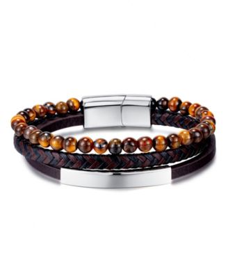 Black Tigers Eye Plated Leather Stainless Steel Bracelet