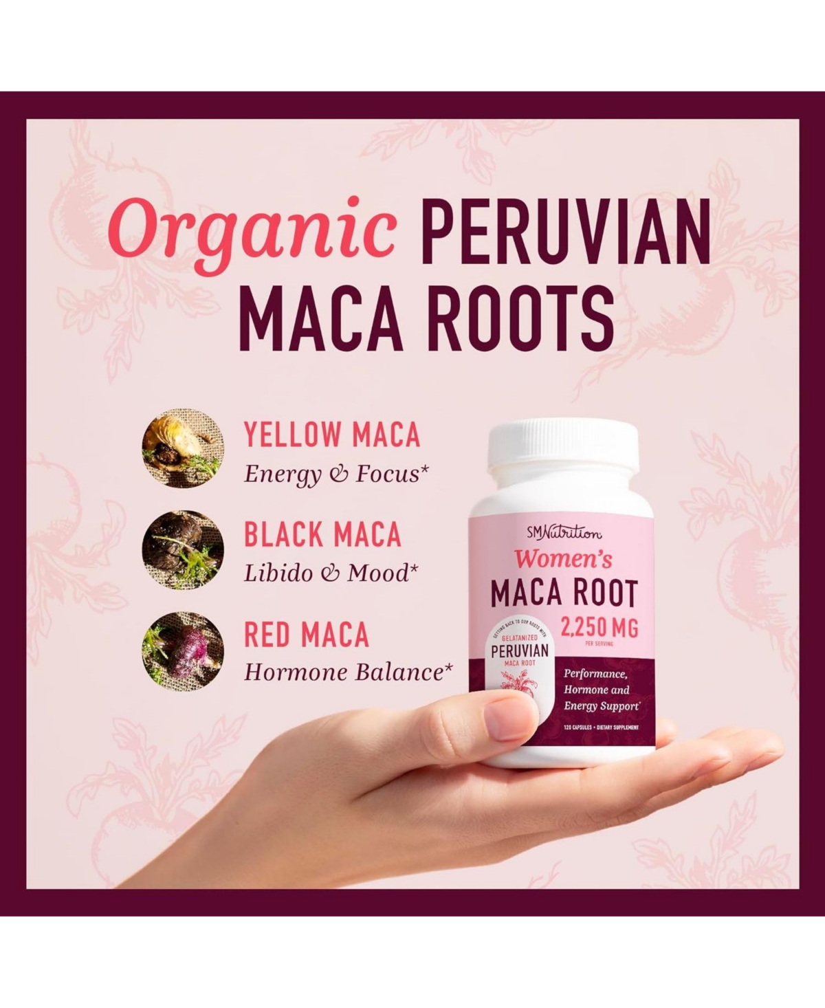 SMNutrition Organic Maca Root Capsules for Women, Peruvian Maca 2250MG Extra Strength, Supports Energy, Hormone Balance & Menopause, SMNutrition, 90ct