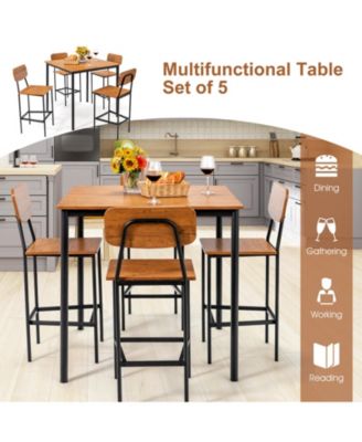 5-Piece Industrial Dining Table Set with Counter Height Table and 4 Bar Stools-Walnut
